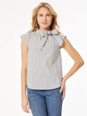 Stripe Bow Tie-Neck Blouse