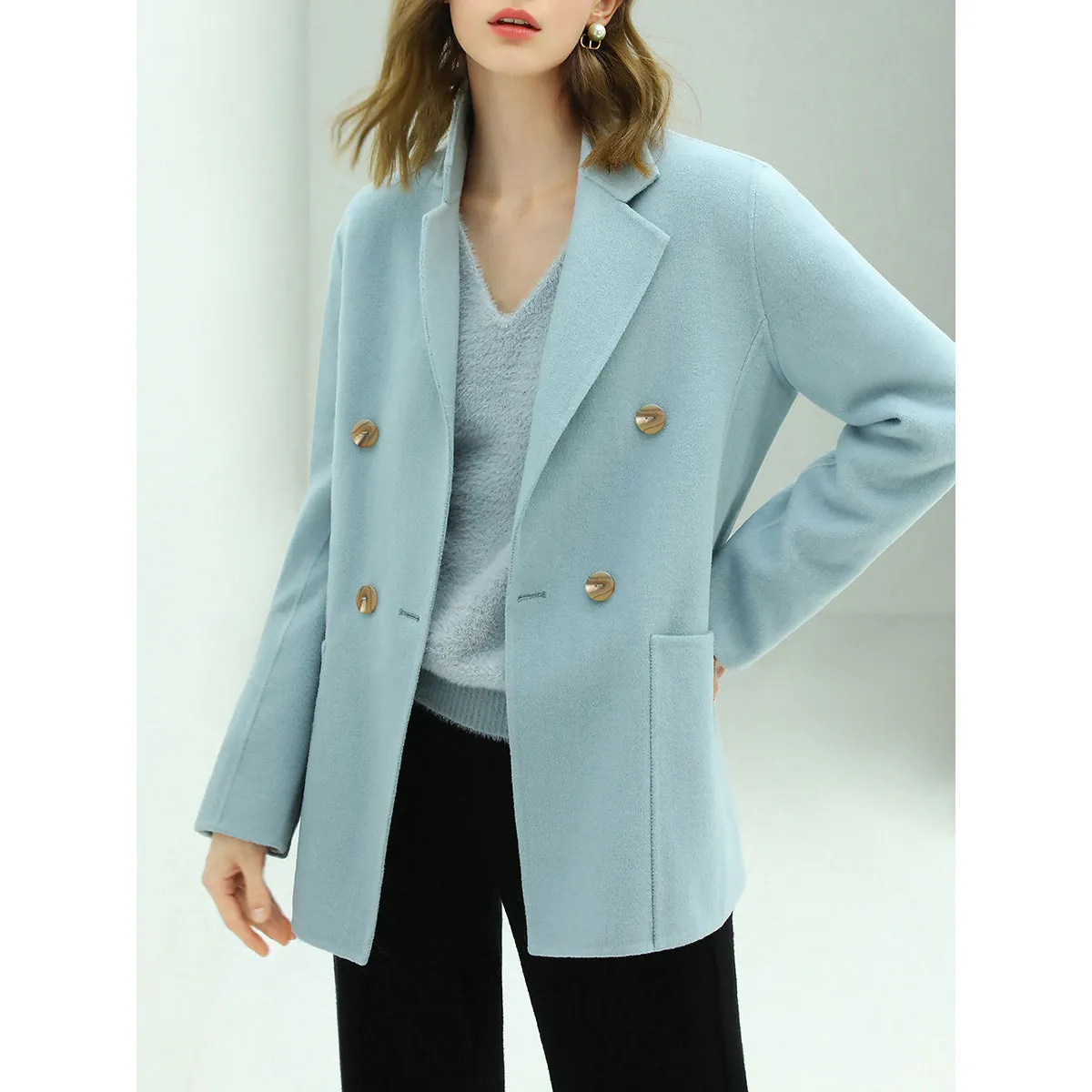 Tailored Powder Blue Double Breasted Wool Coat