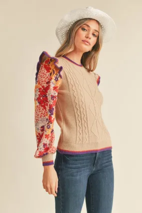 Taupe Rust Mult Cable Knit Sweater Top With Woven Floral Sleeves