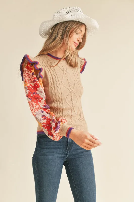 Taupe Rust Mult Cable Knit Sweater Top With Woven Floral Sleeves