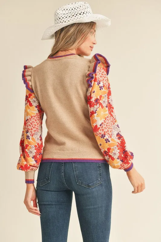 Taupe Rust Mult Cable Knit Sweater Top With Woven Floral Sleeves