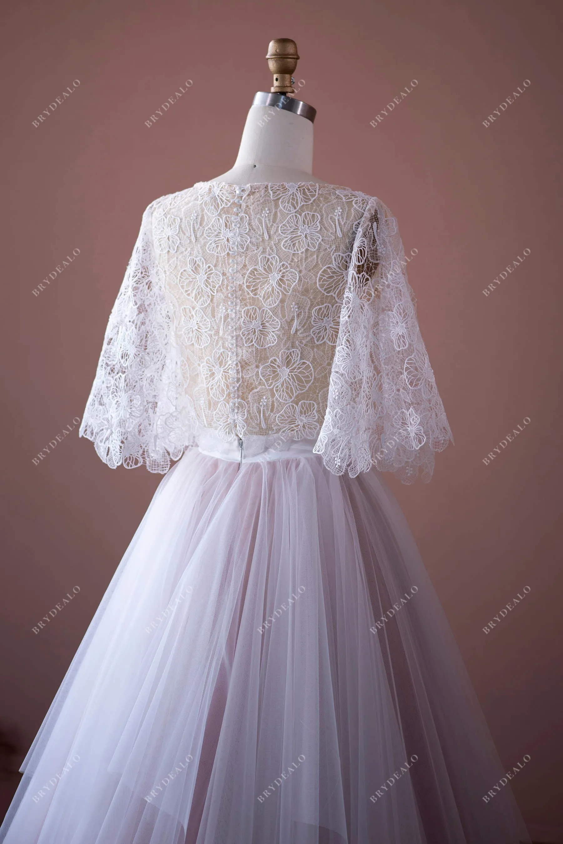 Two-Piece Flower Lace Tulle Sheer Flutter Sleeve Casual Informal Wedding Dress