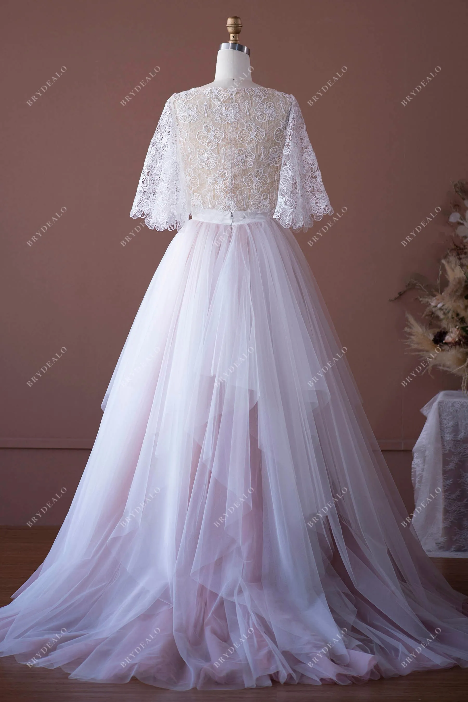 Two-Piece Flower Lace Tulle Sheer Flutter Sleeve Casual Informal Wedding Dress