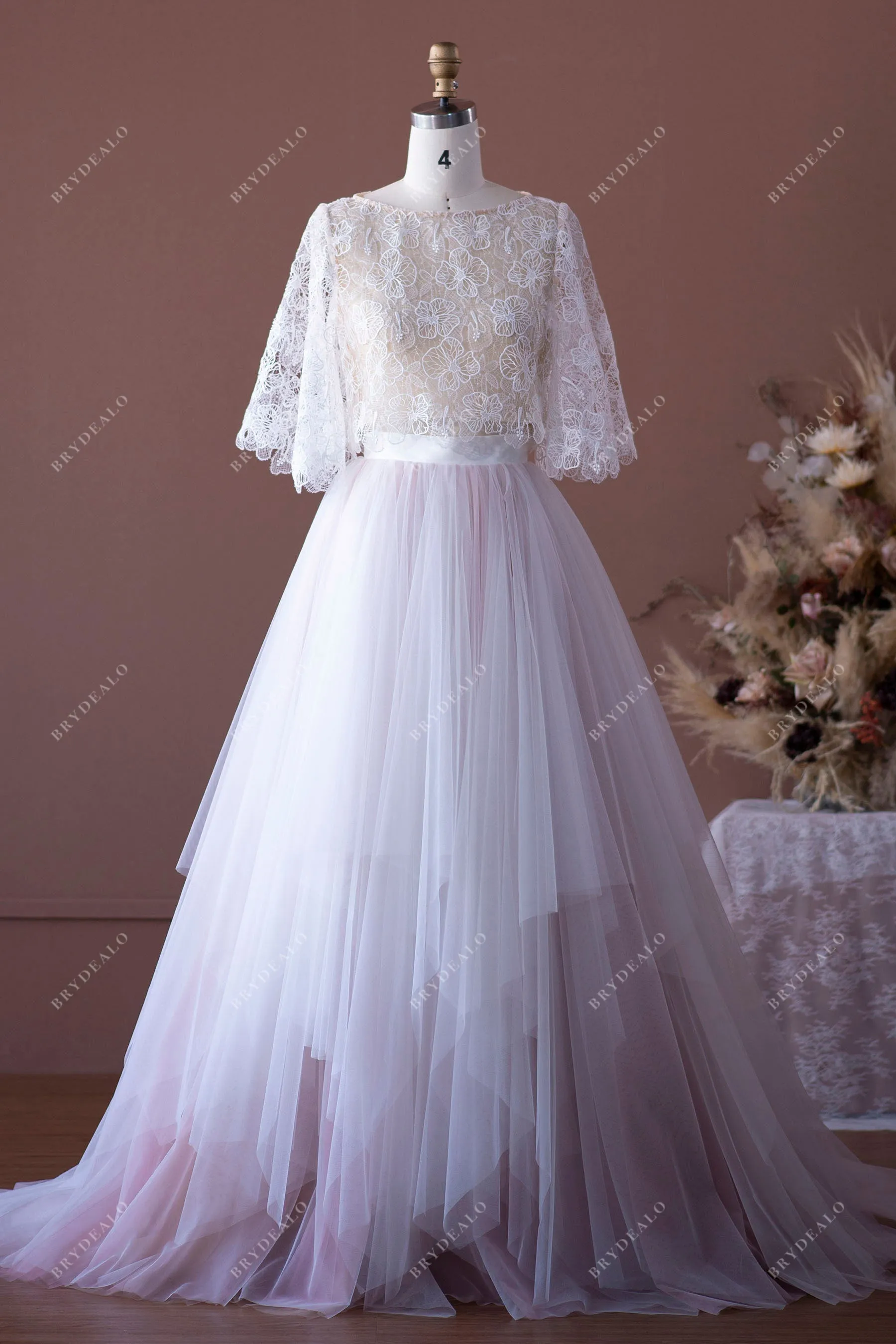 Two-Piece Flower Lace Tulle Sheer Flutter Sleeve Casual Informal Wedding Dress