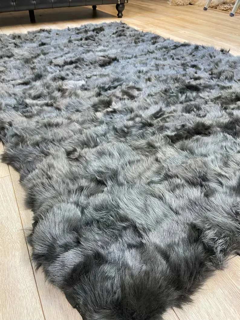 Ultra soft Black Sheepskin Area Rug, Handmade Shaggy Non Slip Rug