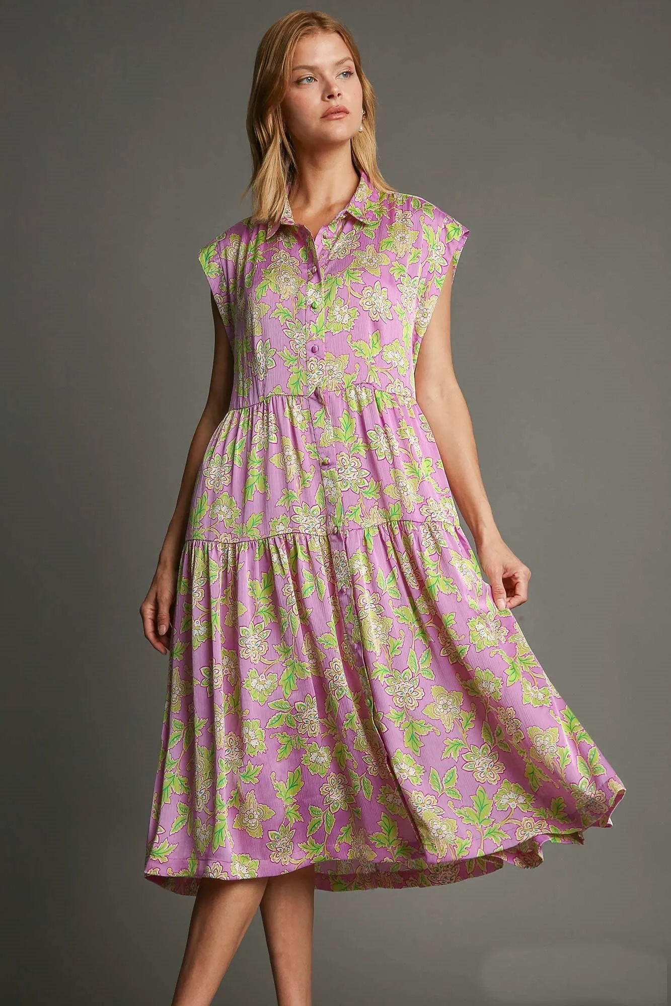 Umgee Floral Print Button Down Maxi Dress in Lavender Mix