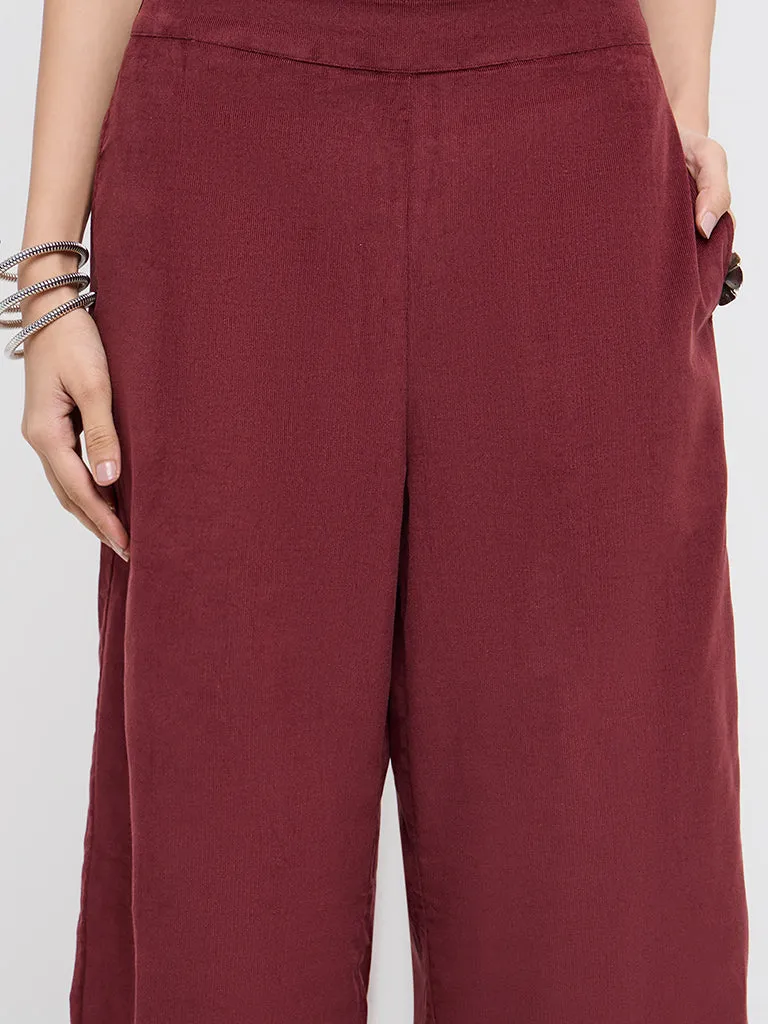 Utsa Rust Solid Corduroy High-Rise Cotton Ethnic Pants