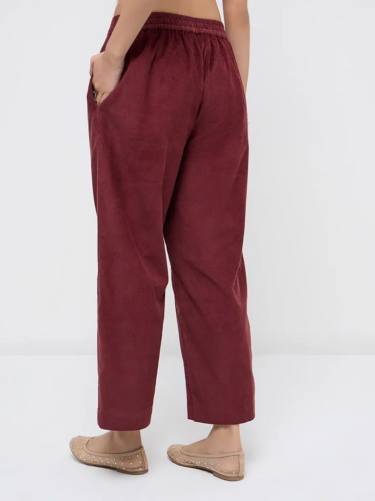 Utsa Rust Solid Corduroy High-Rise Cotton Ethnic Pants