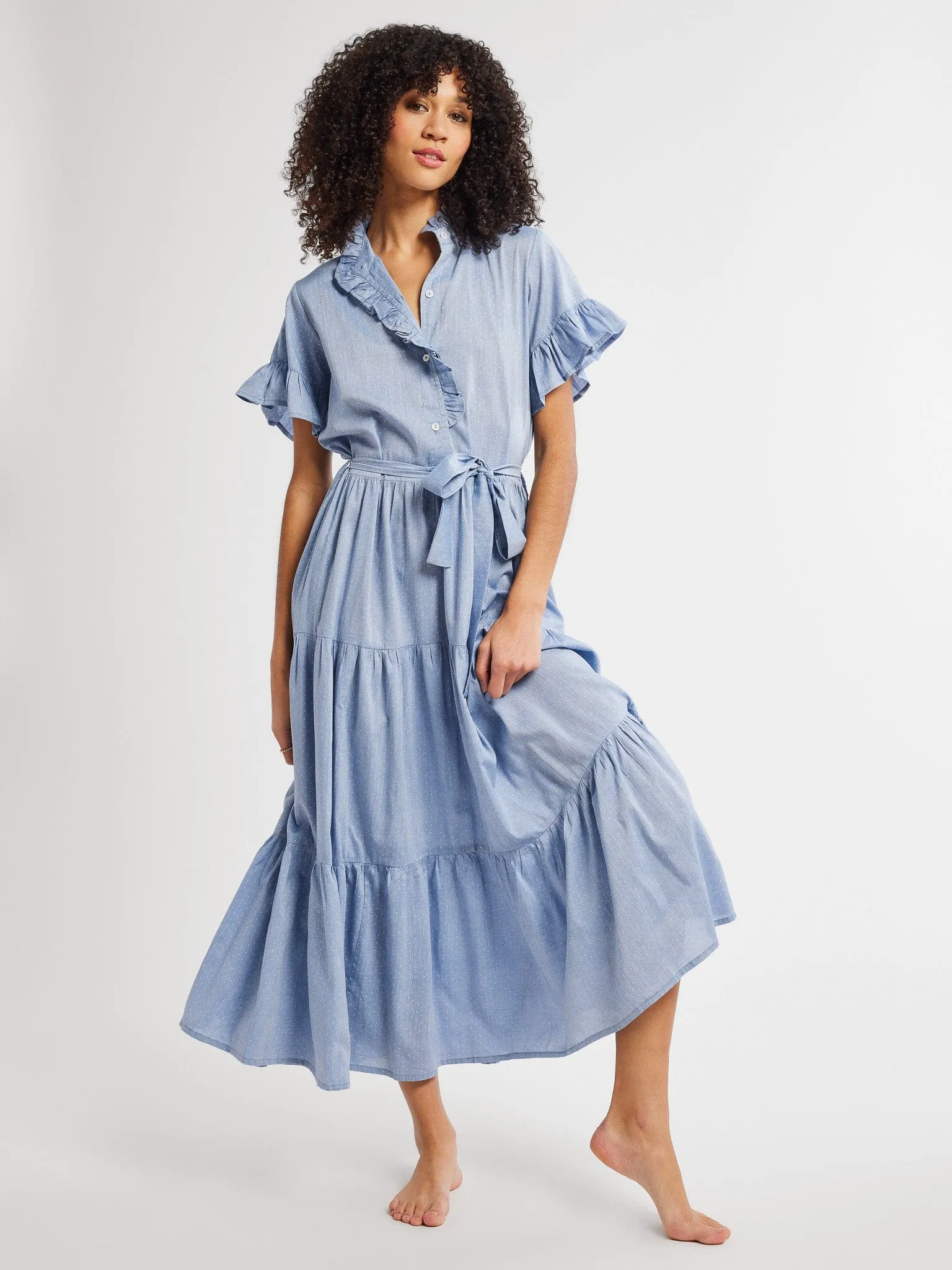 Victoria Dress in Chambray Polka Dot