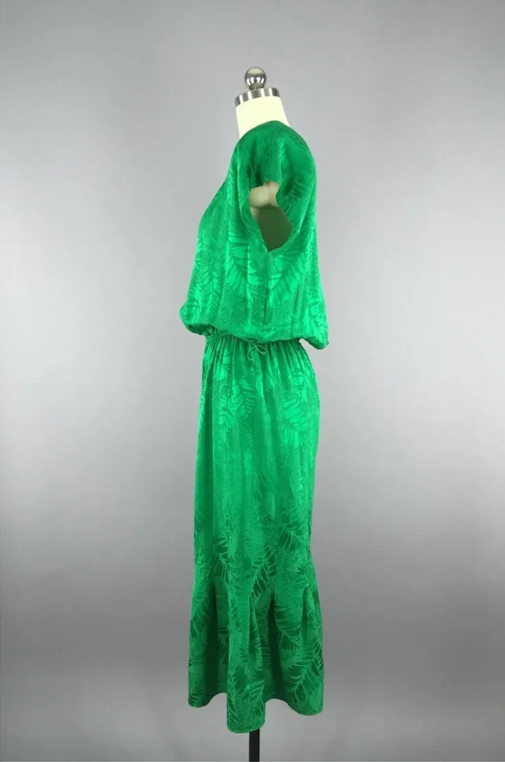 Vintage 1980s Day Dress / Shamrock Green Silk