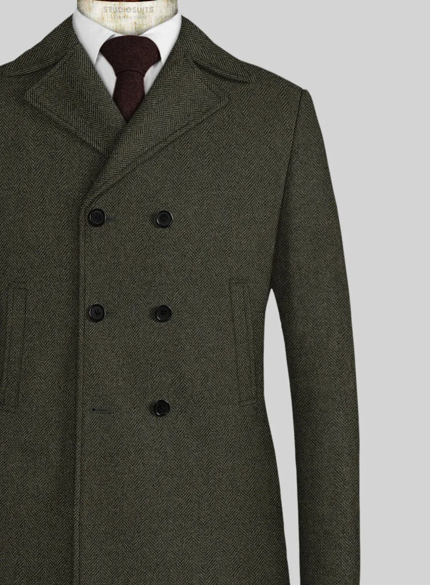 Vintage Flat Green Herringbone Tweed Pea Coat