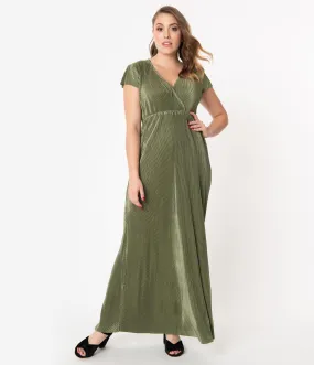 Vintage Style Moss Green Metallic Ribbed Maxi Dress