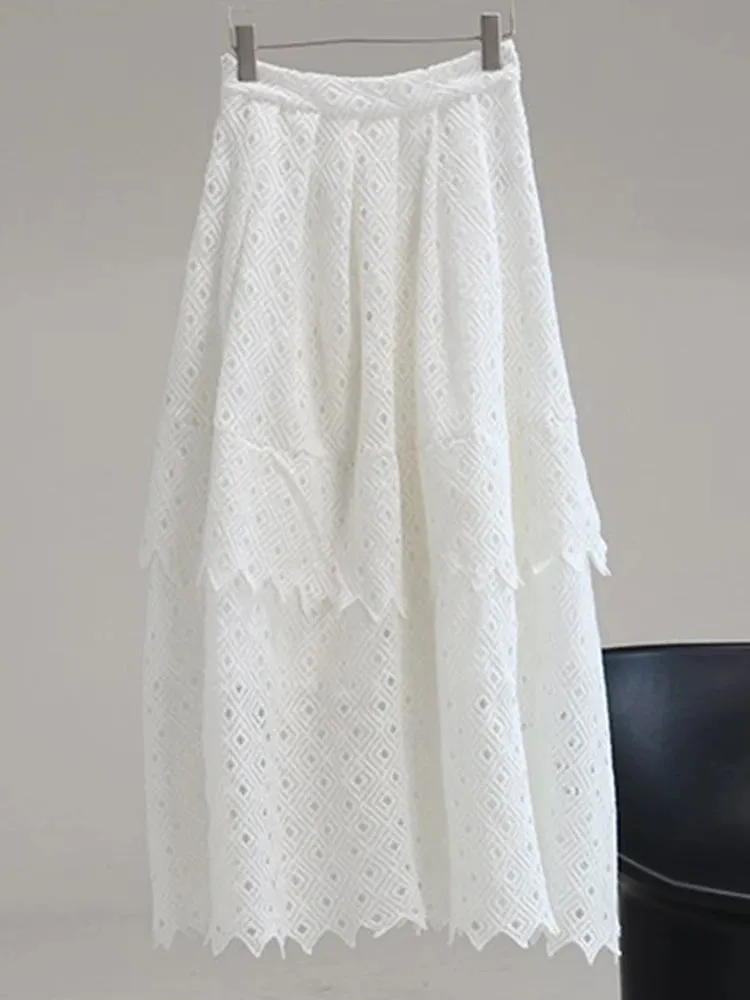 White Vintage Cut Out Skirt For Women High Waist A Line Lace Panel Irregular Hem Midi Skirts Female Summer Clothing