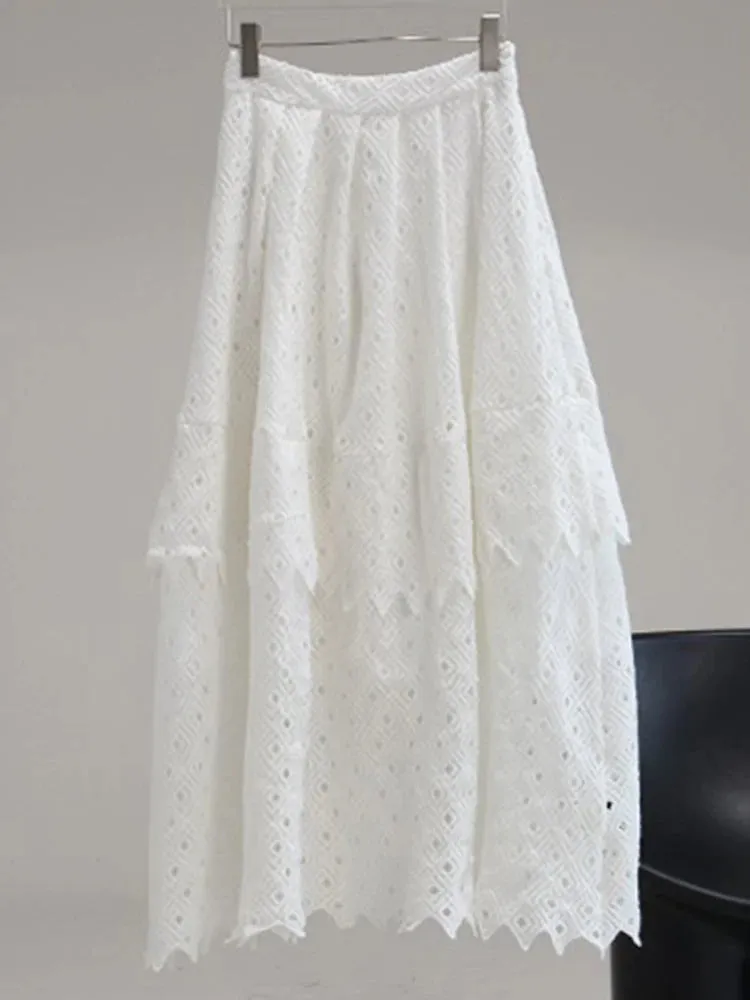 White Vintage Cut Out Skirt For Women High Waist A Line Lace Panel Irregular Hem Midi Skirts Female Summer Clothing