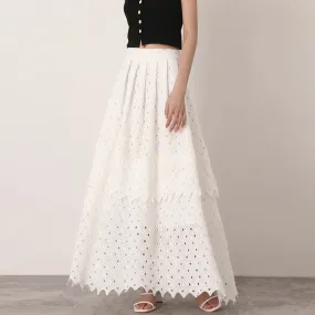 White Vintage Cut Out Skirt For Women High Waist A Line Lace Panel Irregular Hem Midi Skirts Female Summer Clothing