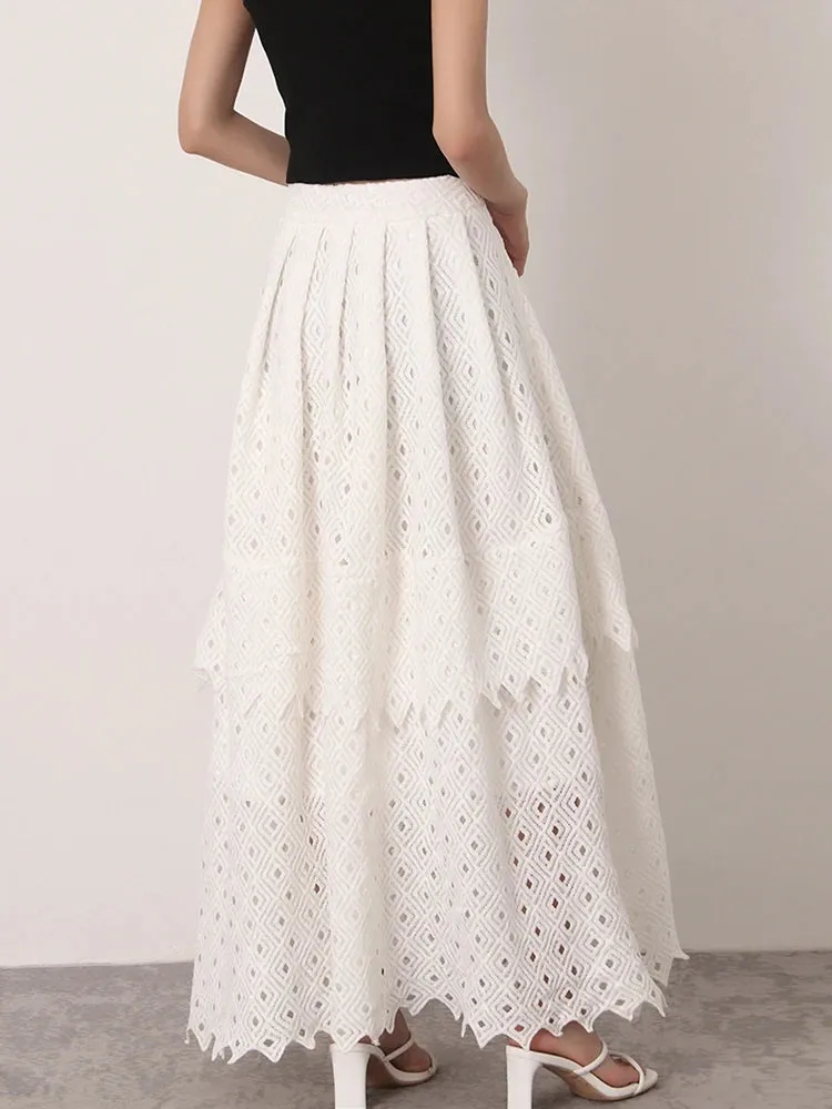 White Vintage Cut Out Skirt For Women High Waist A Line Lace Panel Irregular Hem Midi Skirts Female Summer Clothing