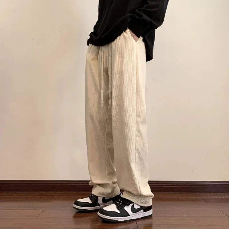 Wiaofellas  -  Korean Corduroy Men's Casual Pants Drawstring Man Straight Trosuers Streetwear Harajuku Baggy Pants Bottoms Wide Leg Pants