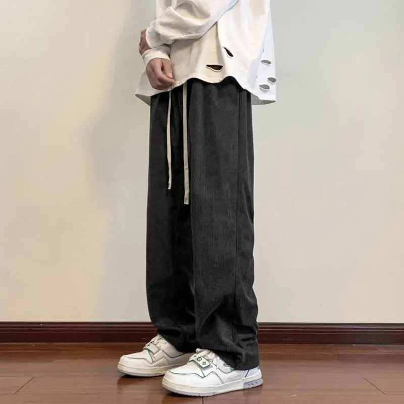 Wiaofellas  -  Korean Corduroy Men's Casual Pants Drawstring Man Straight Trosuers Streetwear Harajuku Baggy Pants Bottoms Wide Leg Pants