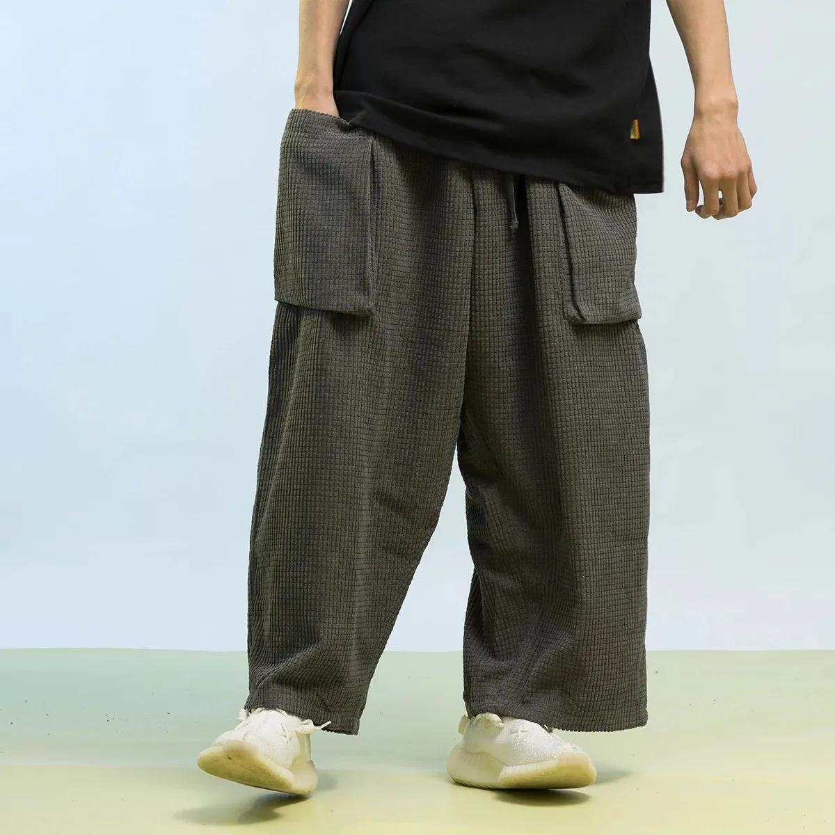 Wiaofellas  -  Spring Big Pocket Loose Plus Size Wide Leg Pants Hip Hop Couple Clothes Harajuku Straight Corduroy Cropped Trousers Men Women