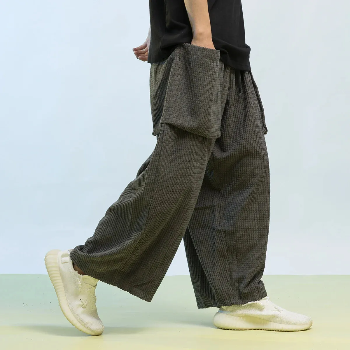 Wiaofellas  -  Spring Big Pocket Loose Plus Size Wide Leg Pants Hip Hop Couple Clothes Harajuku Straight Corduroy Cropped Trousers Men Women