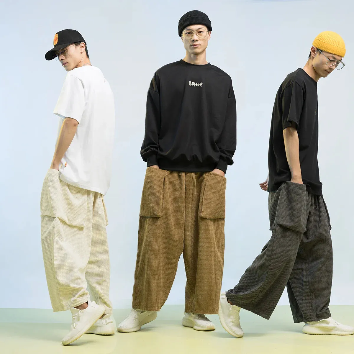 Wiaofellas  -  Spring Big Pocket Loose Plus Size Wide Leg Pants Hip Hop Couple Clothes Harajuku Straight Corduroy Cropped Trousers Men Women