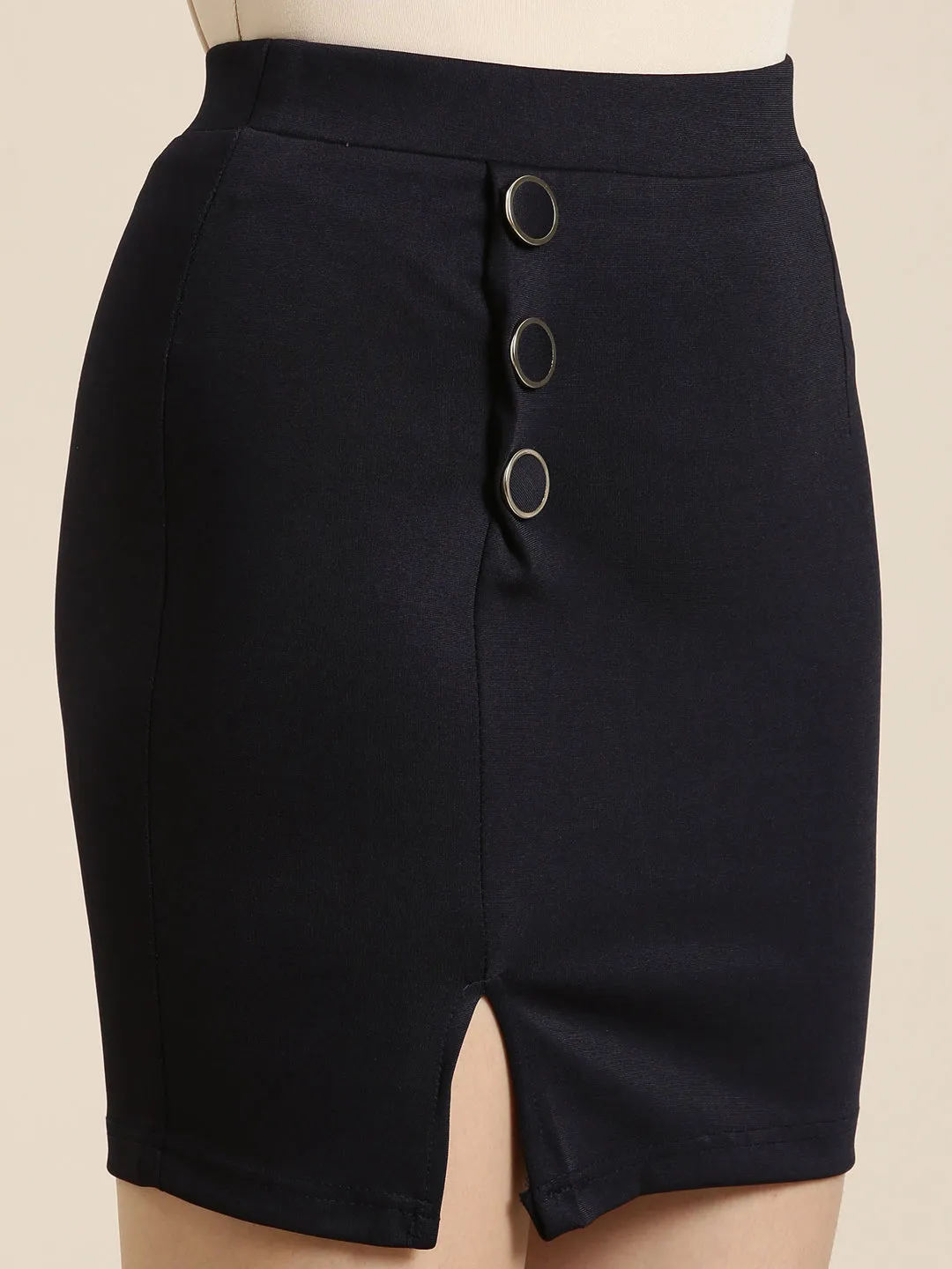 Women Navy Blue Solid Pencil Skirt