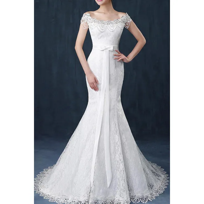 Women Off Shoulder Long Tail Wedding Dress - C2803KMD