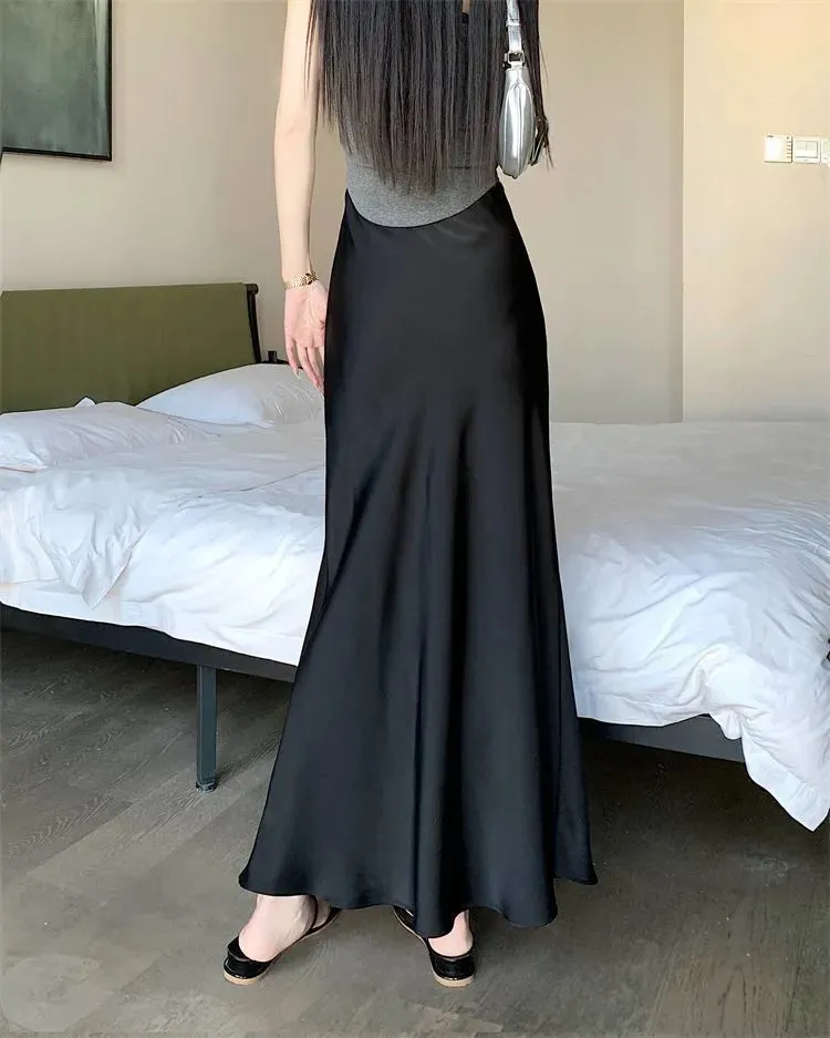 Women's Elegant Mid-length High Waist Silk Skirt