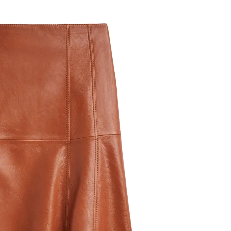 Women's Long Leather Skirts - Ankle-Length Pleated Umbrella Style, Genuine Sheepskin