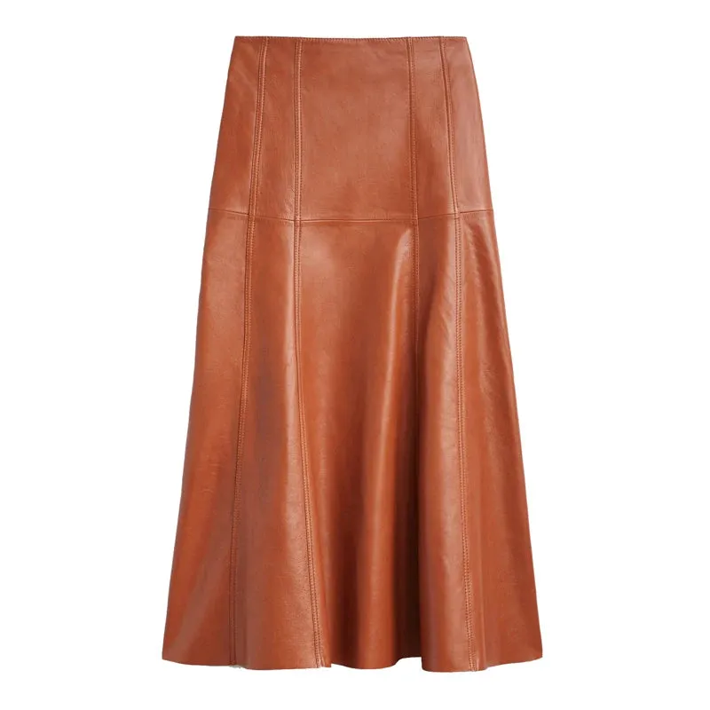 Women's Long Leather Skirts - Ankle-Length Pleated Umbrella Style, Genuine Sheepskin