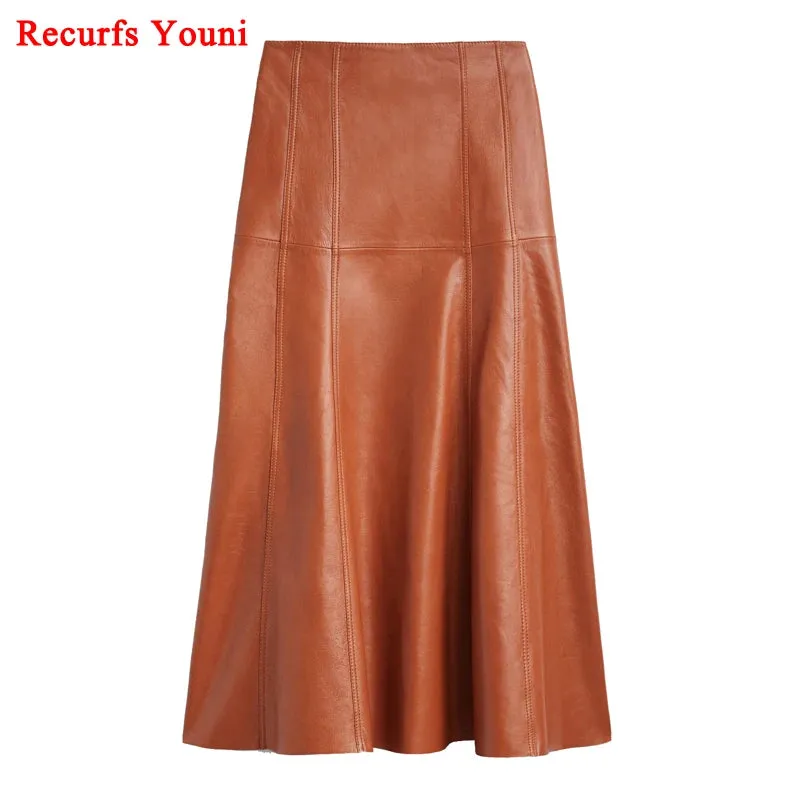 Women's Long Leather Skirts - Ankle-Length Pleated Umbrella Style, Genuine Sheepskin