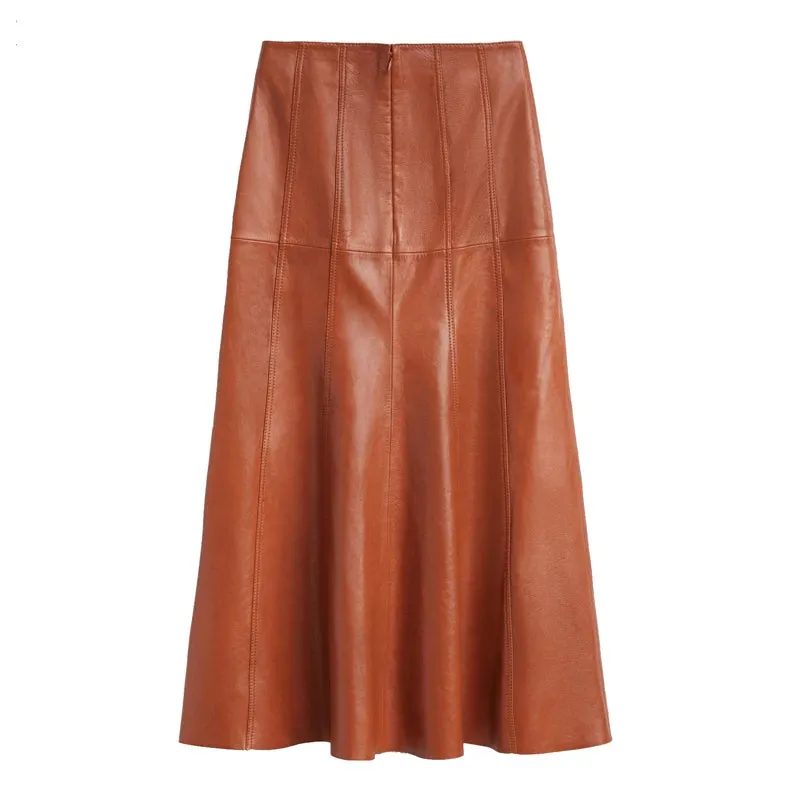 Women's Long Leather Skirts - Ankle-Length Pleated Umbrella Style, Genuine Sheepskin