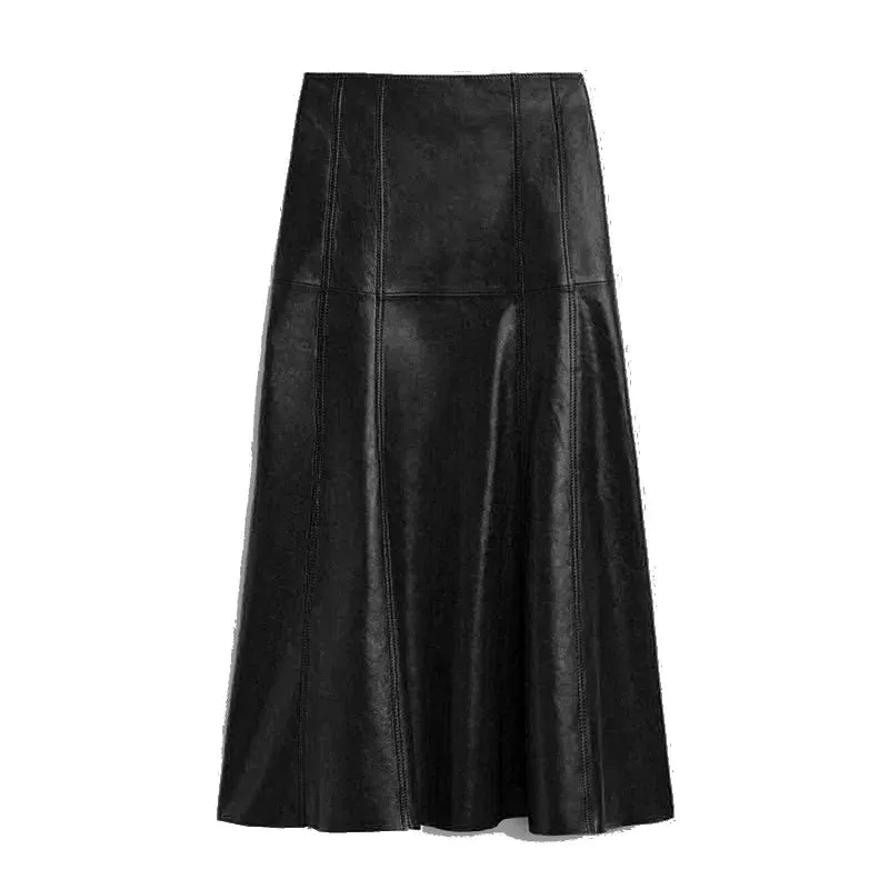 Women's Long Leather Skirts - Ankle-Length Pleated Umbrella Style, Genuine Sheepskin