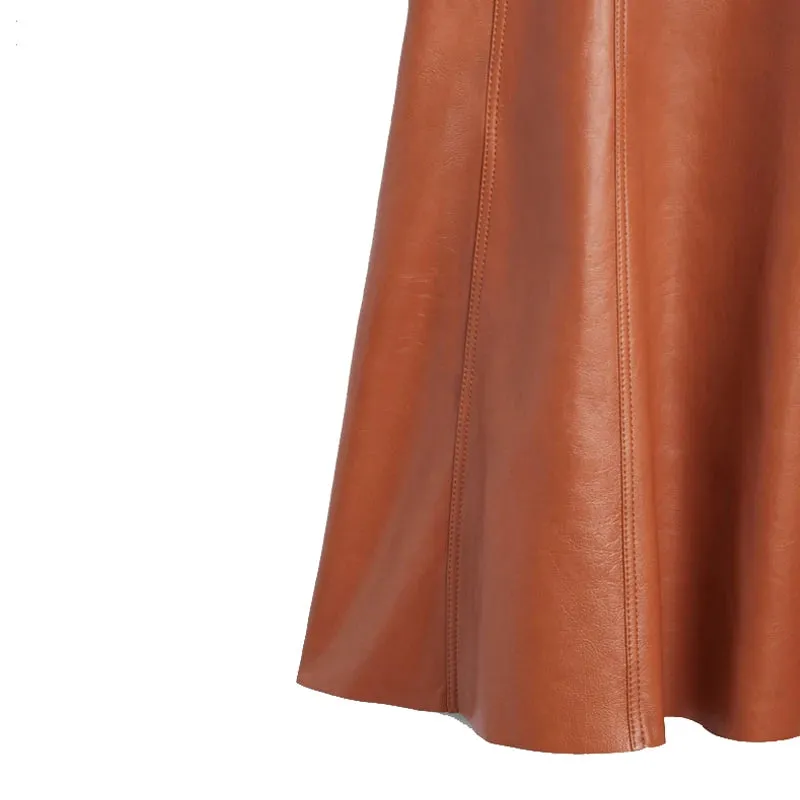 Women's Long Leather Skirts - Ankle-Length Pleated Umbrella Style, Genuine Sheepskin