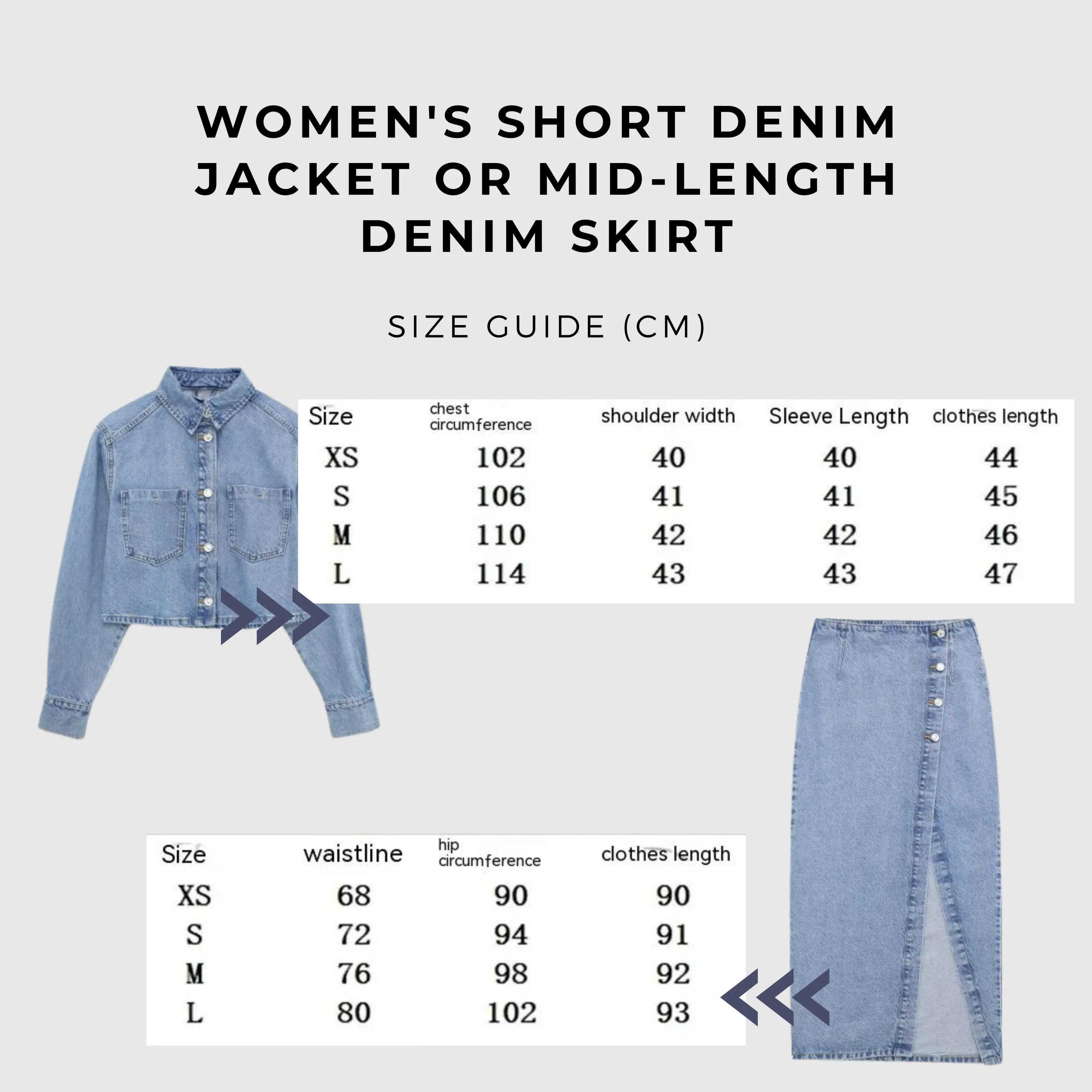 Women's Short Denim Jacket or Mid-length Denim Skirt