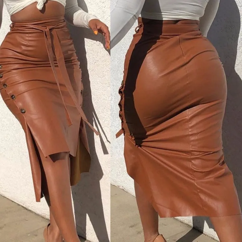 Women's Solid Color Hip Wrap Side Button Slit Leather Skirt