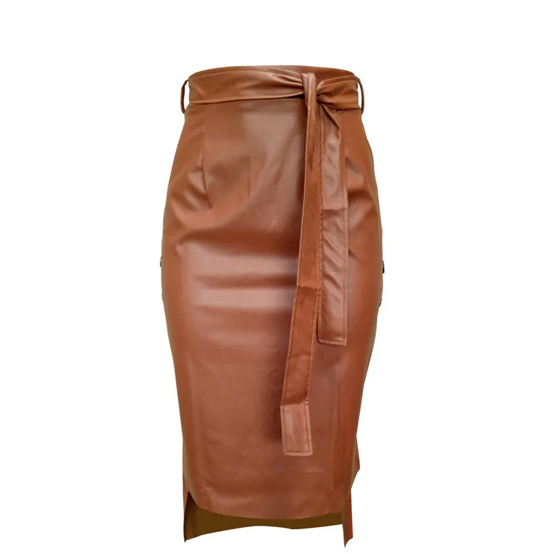 Women's Solid Color Hip Wrap Side Button Slit Leather Skirt