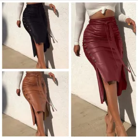 Women's Solid Color Hip Wrap Side Button Slit Leather Skirt