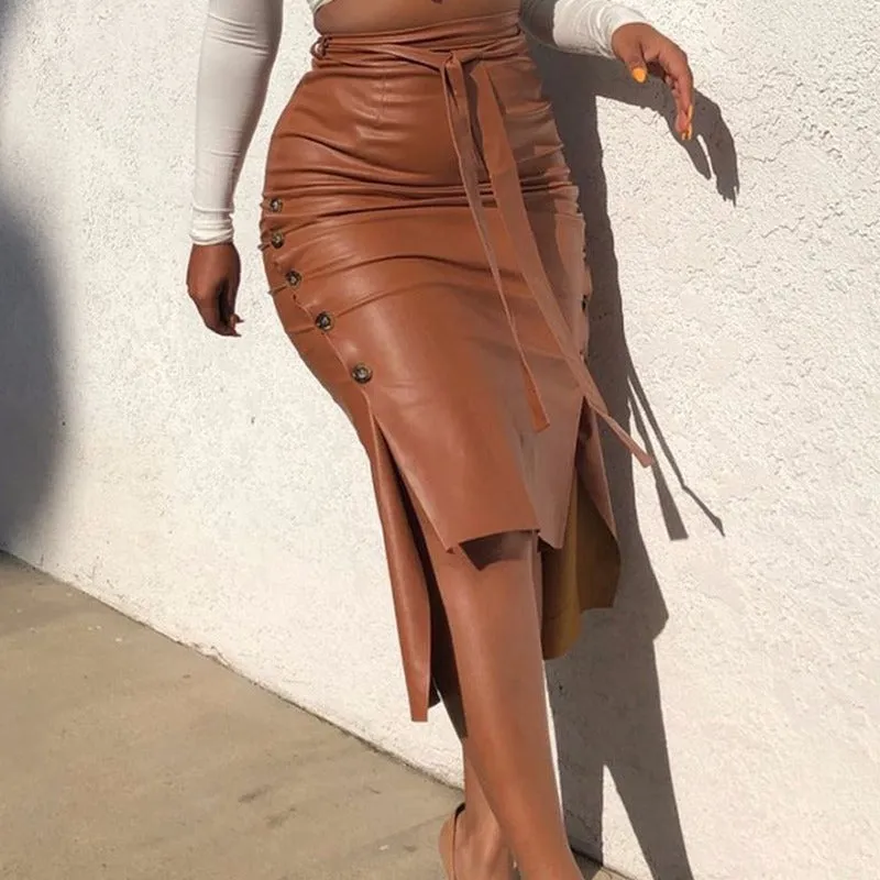 Women's Solid Color Hip Wrap Side Button Slit Leather Skirt