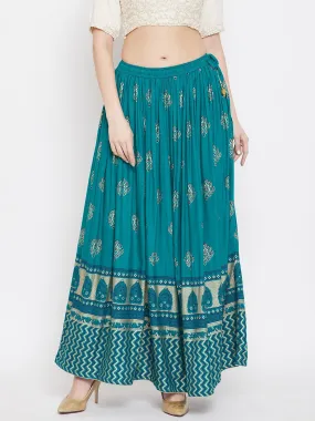 Women'S Turquoise Flared Printed Maxi Skirt